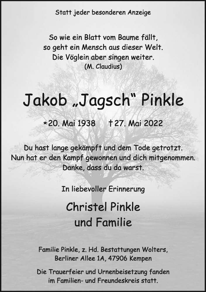  Traueranzeige für Jakob Pinkle vom 18.06.2022 aus Rheinische Post