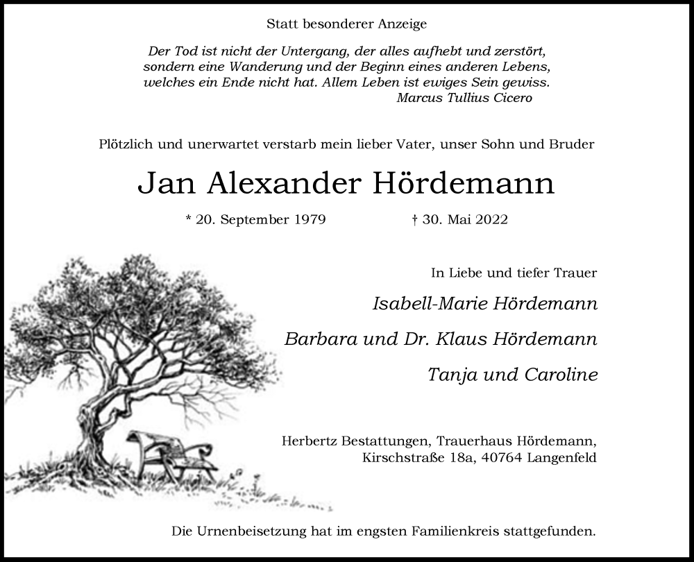  Traueranzeige für Jan Alexander Hördemann vom 11.06.2022 aus Rheinische Post
