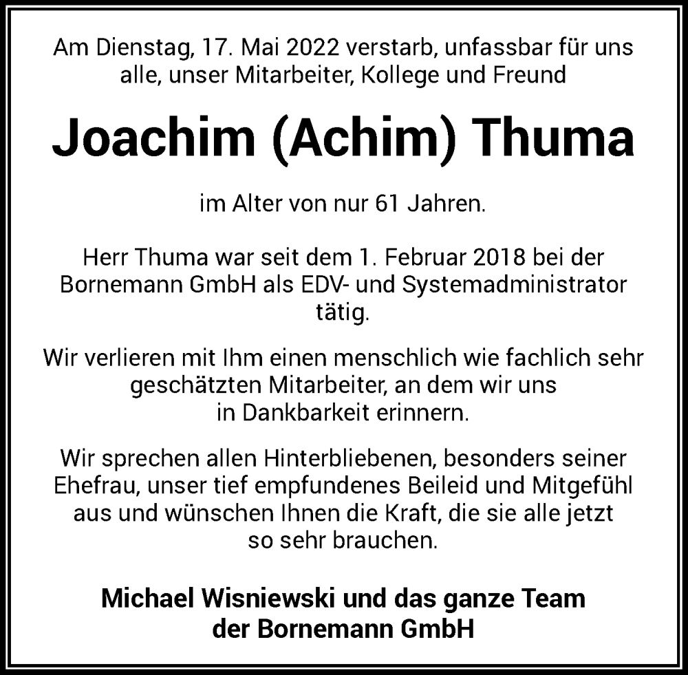  Traueranzeige für Joachim Thuma vom 18.06.2022 aus Rheinische Post