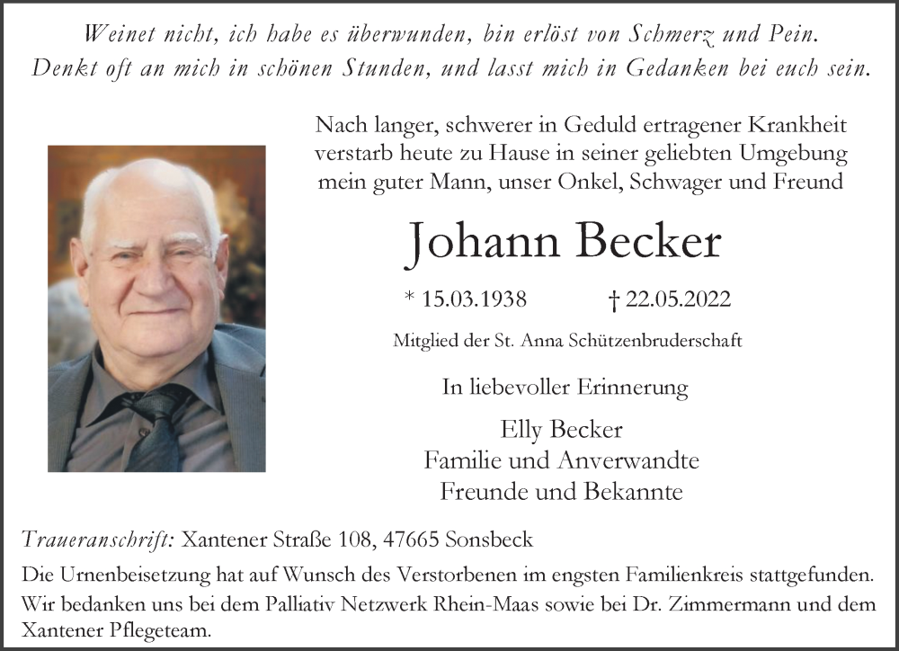  Traueranzeige für Johann Becker vom 11.06.2022 aus Rheinische Post