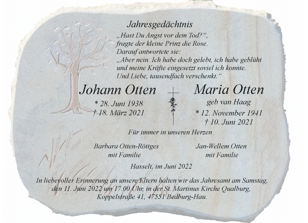  Traueranzeige für Johann Otten vom 04.06.2022 aus Rheinische Post