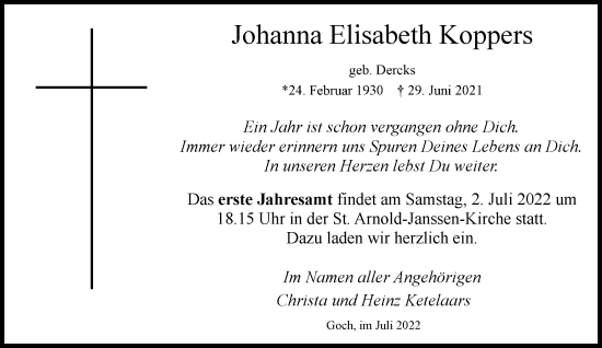 Traueranzeige von Johanna Elisabeth Koppers von Rheinische Post