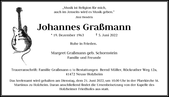 Traueranzeige von Johannes Graßmann von Rheinische Post