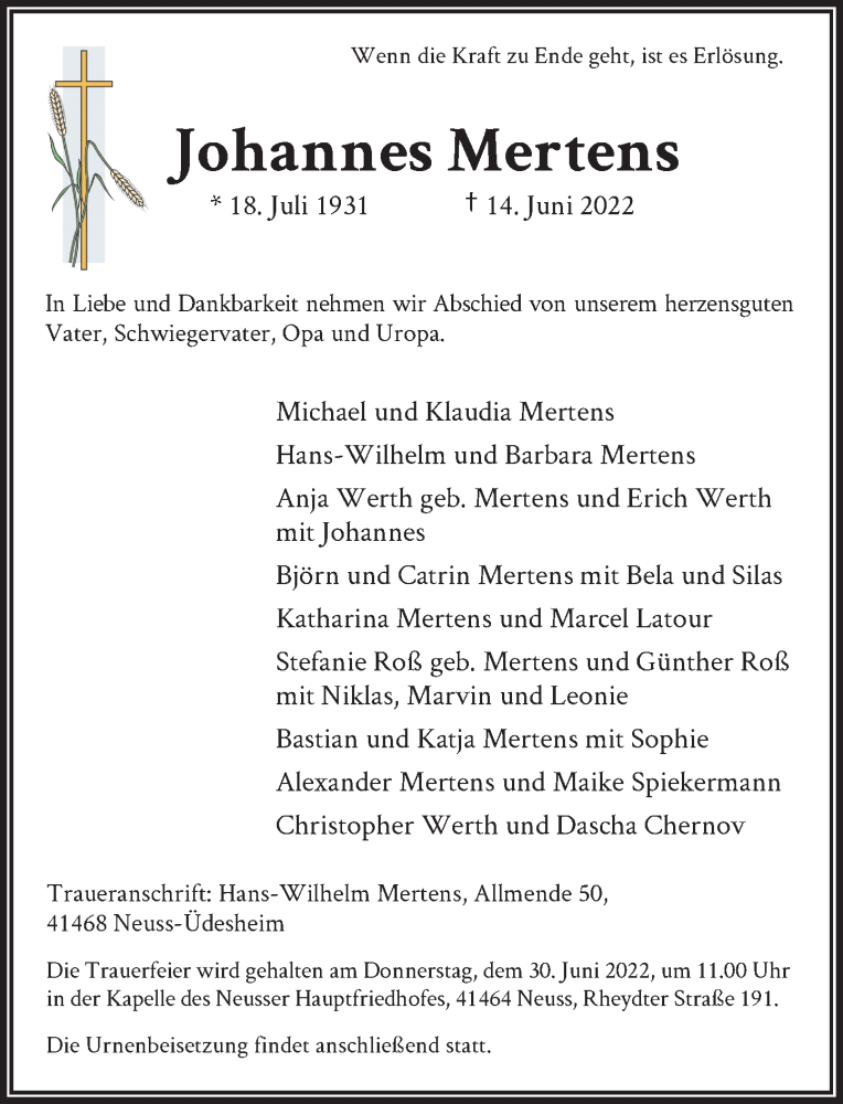  Traueranzeige für Johannes Mertens vom 25.06.2022 aus Rheinische Post