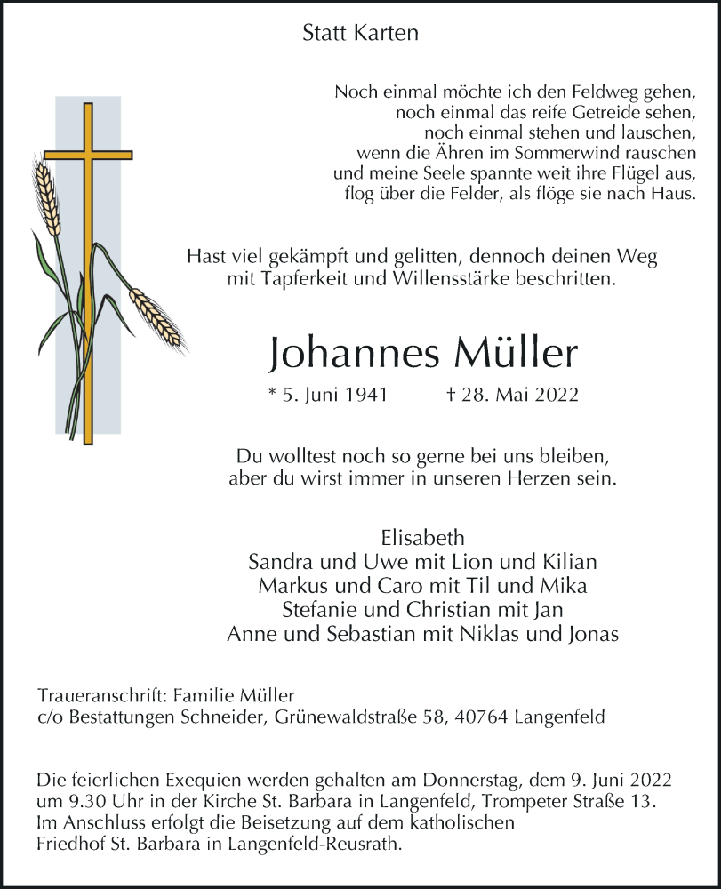  Traueranzeige für Johannes Müller vom 04.06.2022 aus Rheinische Post