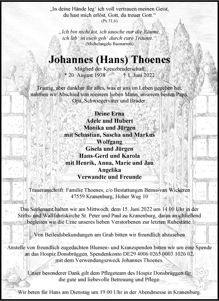  Traueranzeige für Johannes Thoenes vom 08.06.2022 aus Rheinische Post