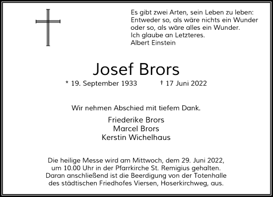 Traueranzeige von Josef Brors von Rheinische Post