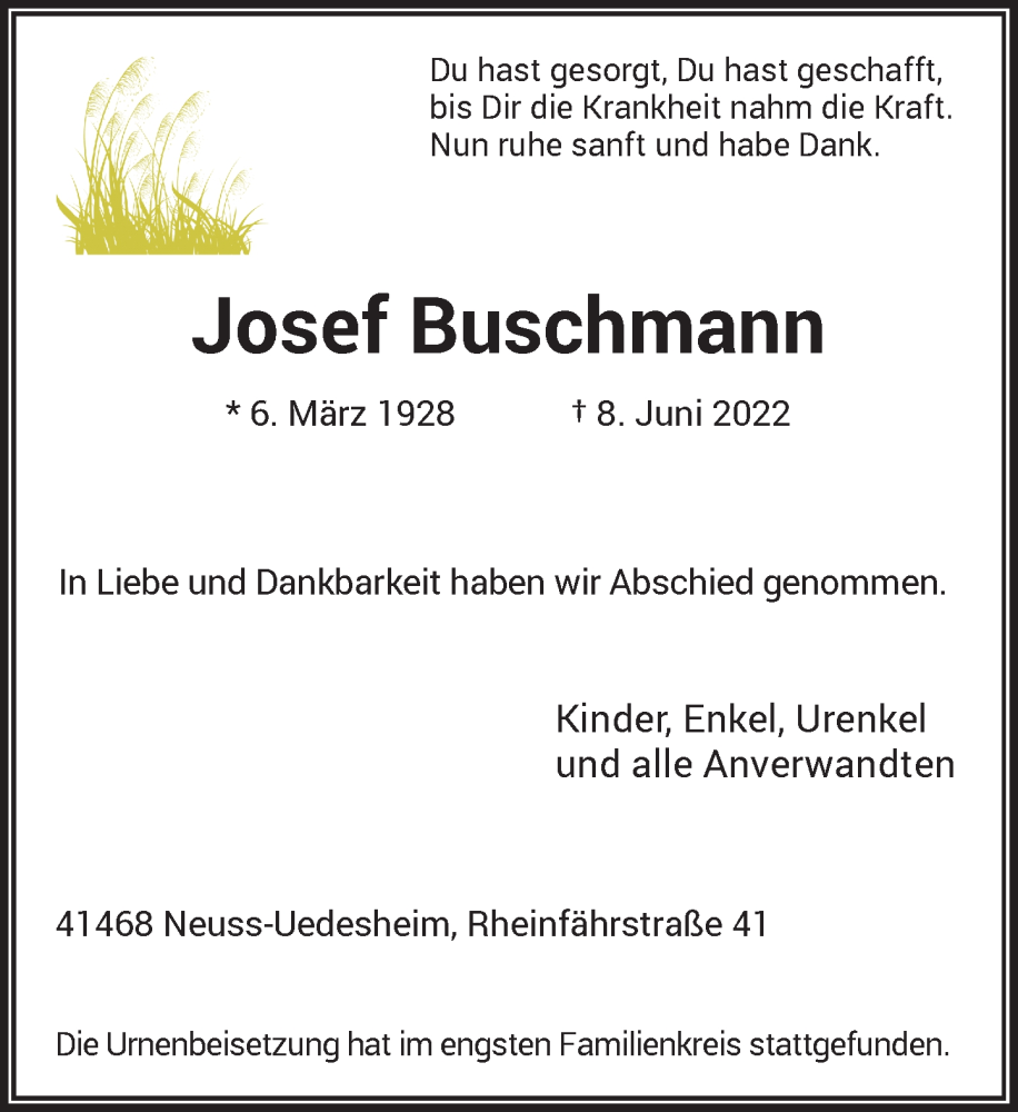  Traueranzeige für Josef Buschmann vom 25.06.2022 aus Rheinische Post