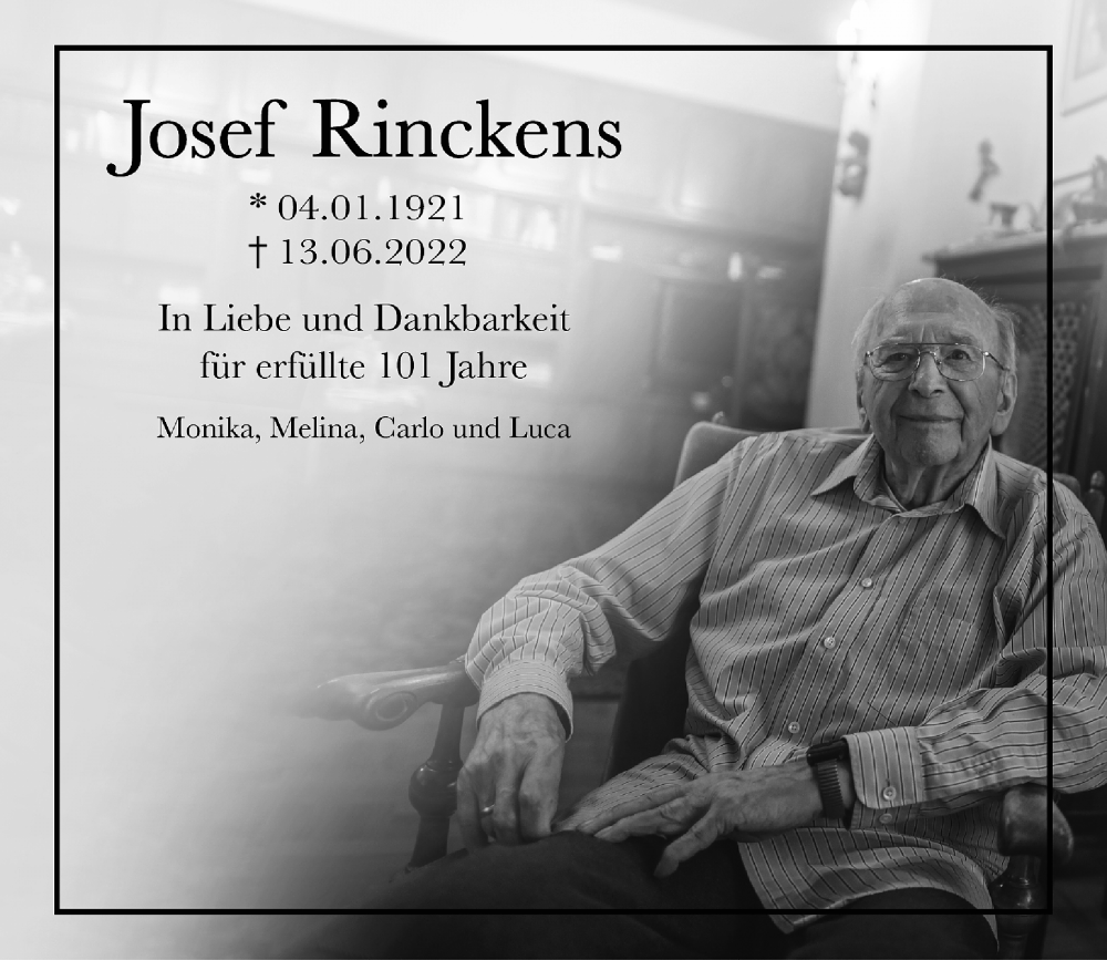  Traueranzeige für Josef Rinckens vom 25.06.2022 aus Rheinische Post