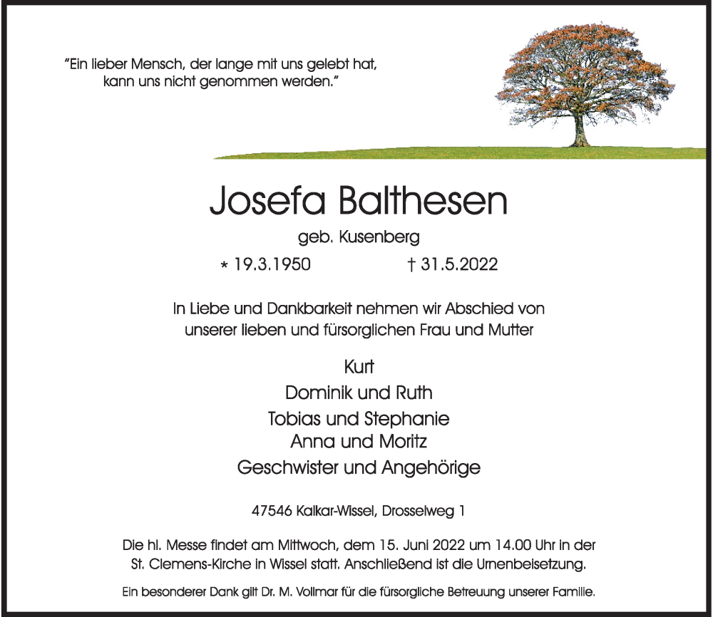  Traueranzeige für Josefa Balthesen vom 11.06.2022 aus Rheinische Post
