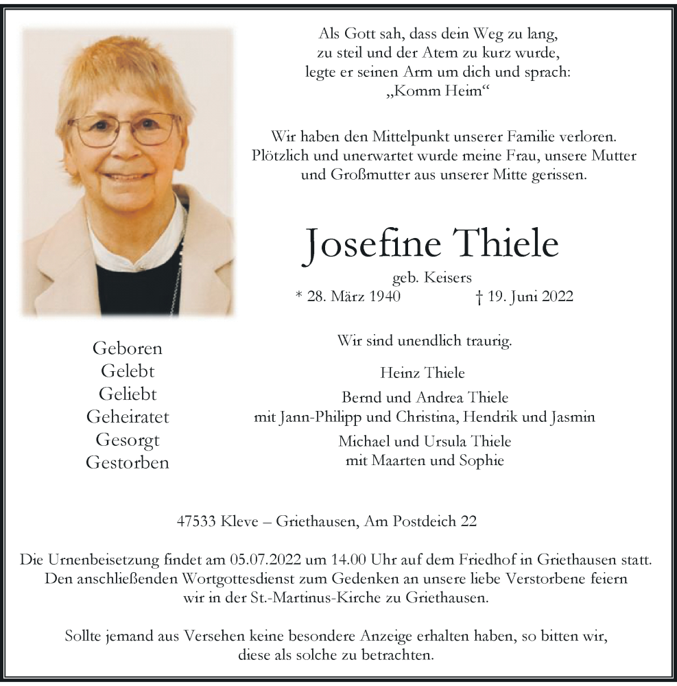  Traueranzeige für Josefine Thiele vom 25.06.2022 aus Rheinische Post