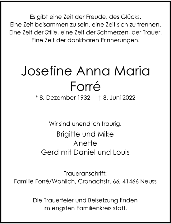 Traueranzeige von Josefine Anna Maria Forré von Rheinische Post