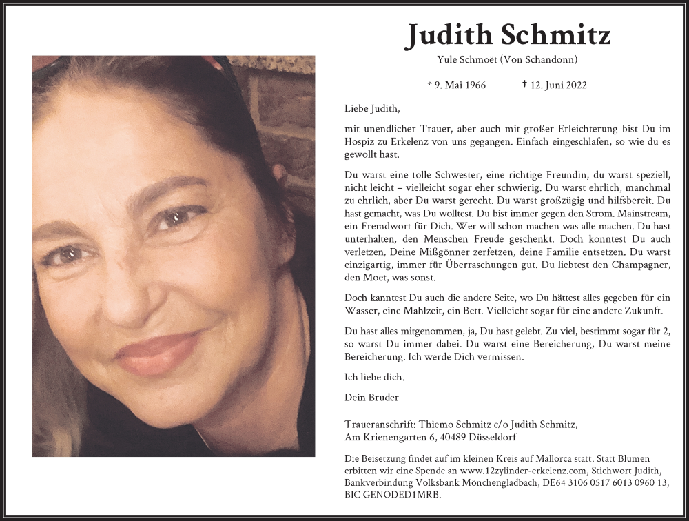  Traueranzeige für Judith Schmitz vom 18.06.2022 aus Rheinische Post