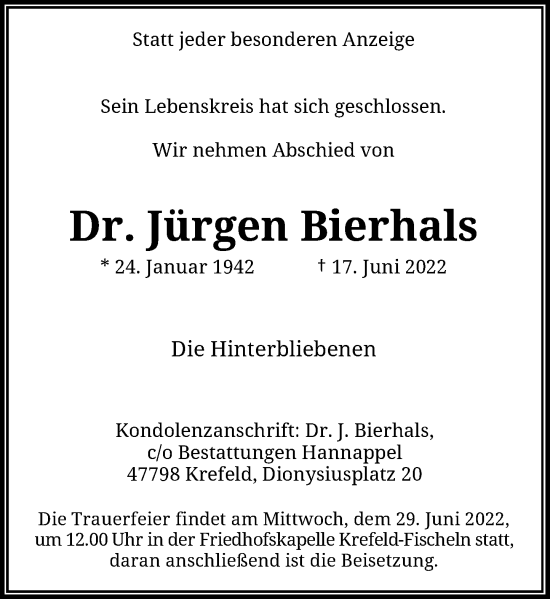 Traueranzeige von Jürgen Bierhals von Rheinische Post