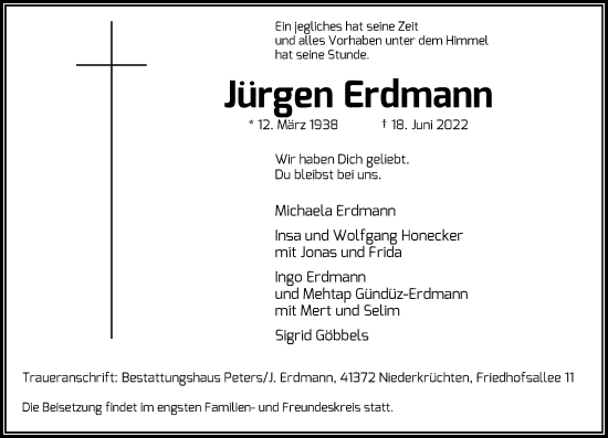 Traueranzeige von Jürgen Erdmann von Rheinische Post