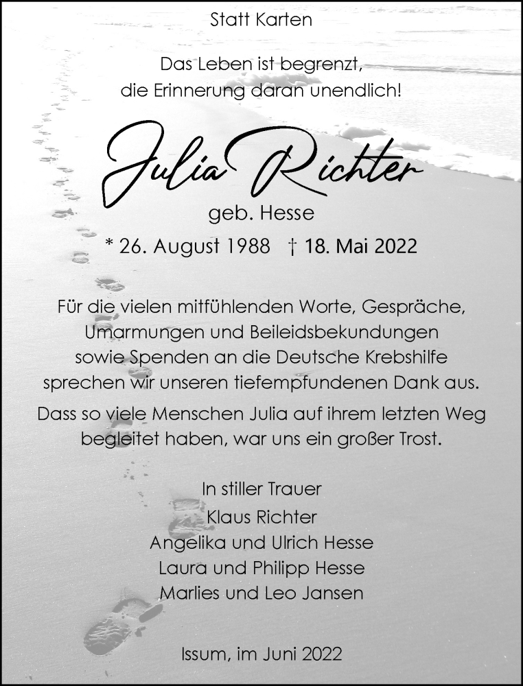  Traueranzeige für Julia Richter vom 25.06.2022 aus Rheinische Post