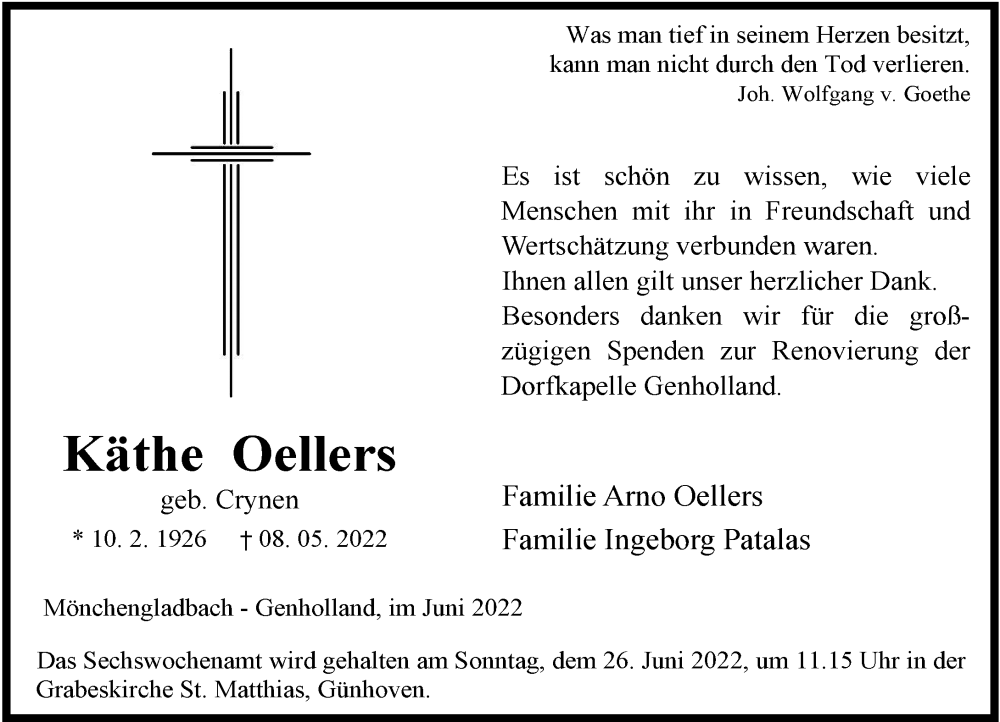  Traueranzeige für Käthe Oellers vom 18.06.2022 aus Rheinische Post