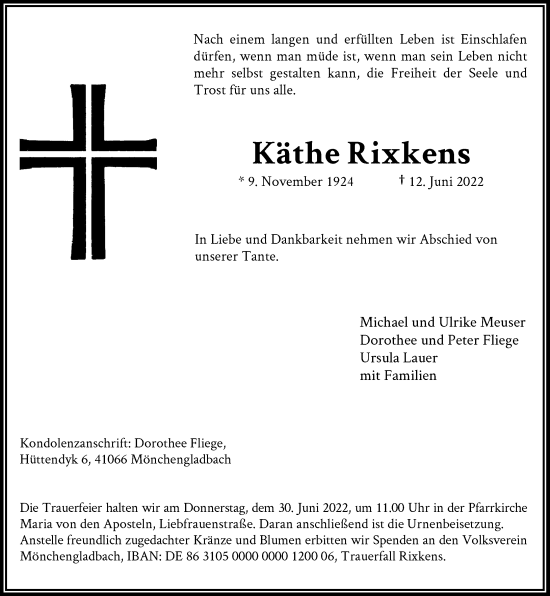 Traueranzeige von Käthe Rixkens von Rheinische Post