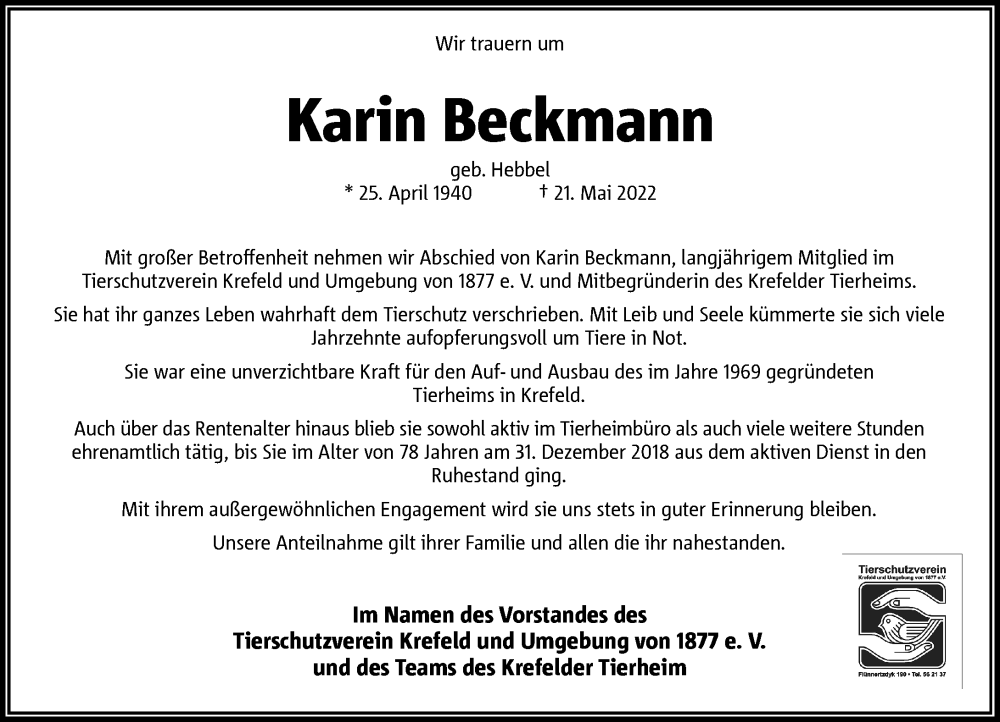  Traueranzeige für Karin Beckmann vom 01.06.2022 aus Rheinische Post