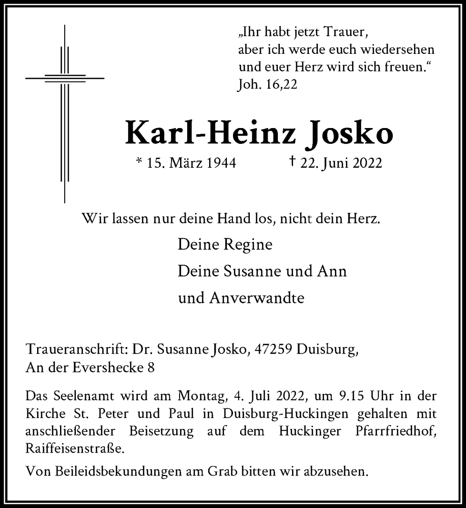  Traueranzeige für Karl-Heinz Josko vom 29.06.2022 aus Rheinische Post