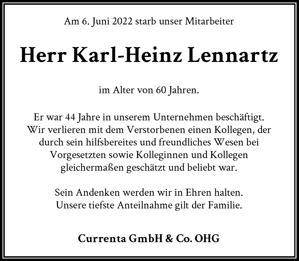  Traueranzeige für Karl-Heinz Lennartz vom 22.06.2022 aus Rheinische Post