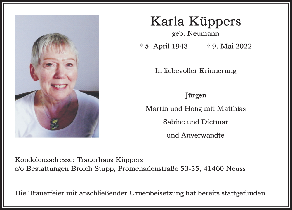  Traueranzeige für Karla Küppers vom 11.06.2022 aus Rheinische Post