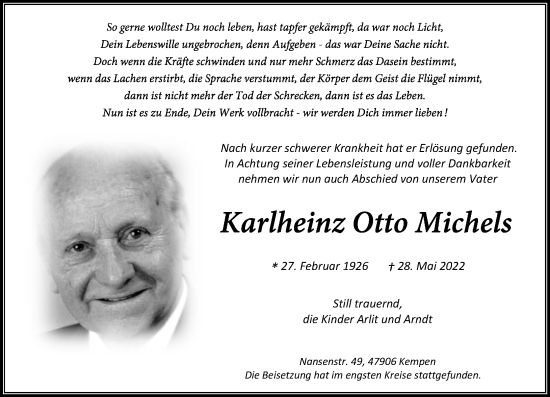 Traueranzeige von Karlheinz Otto Michels von Rheinische Post