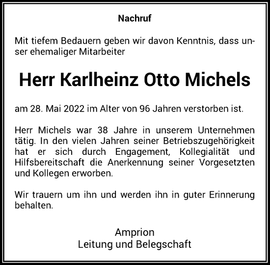 Traueranzeige von Karlheinz Otto Michels von Rheinische Post
