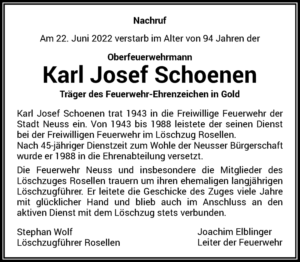  Traueranzeige für Karl Josef Schoenen vom 28.06.2022 aus Rheinische Post