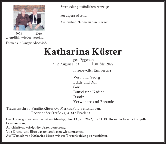 Traueranzeige von Katharina Küster von Rheinische Post