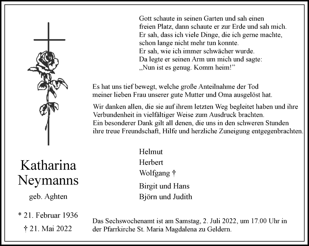  Traueranzeige für Katharina Neymanns vom 25.06.2022 aus Rheinische Post