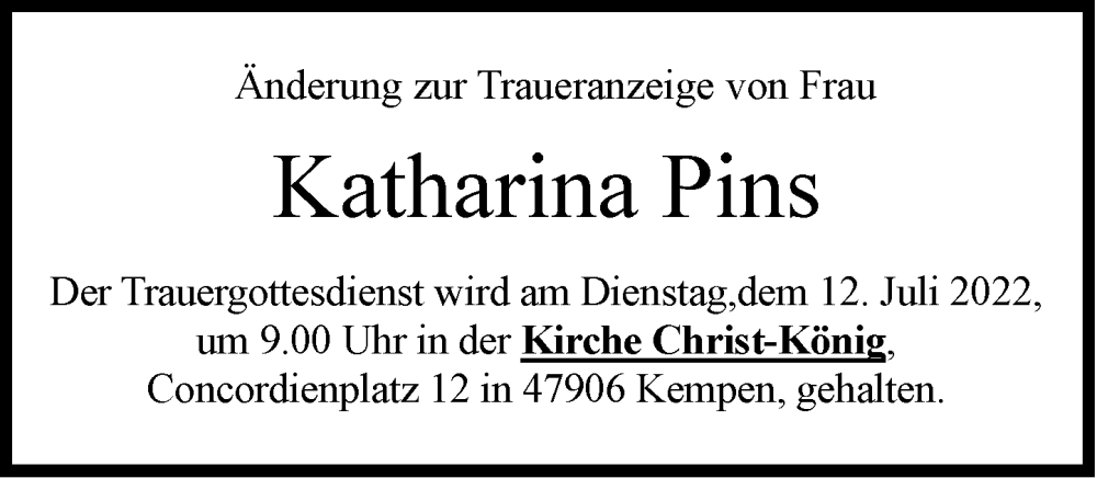  Traueranzeige für Katharina Pins vom 29.06.2022 aus Rheinische Post