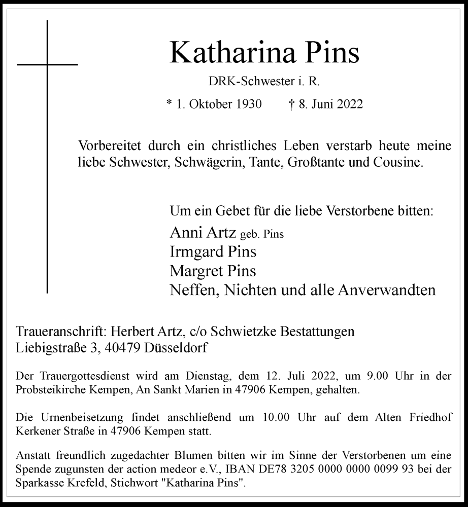  Traueranzeige für Katharina Pins vom 25.06.2022 aus Rheinische Post