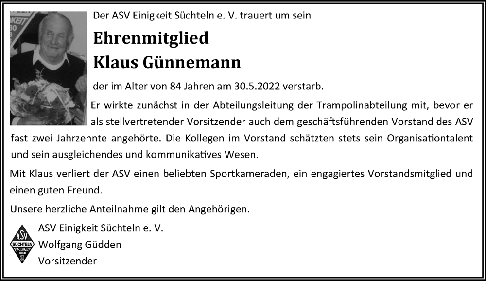  Traueranzeige für Klaus Günnemann vom 11.06.2022 aus Rheinische Post