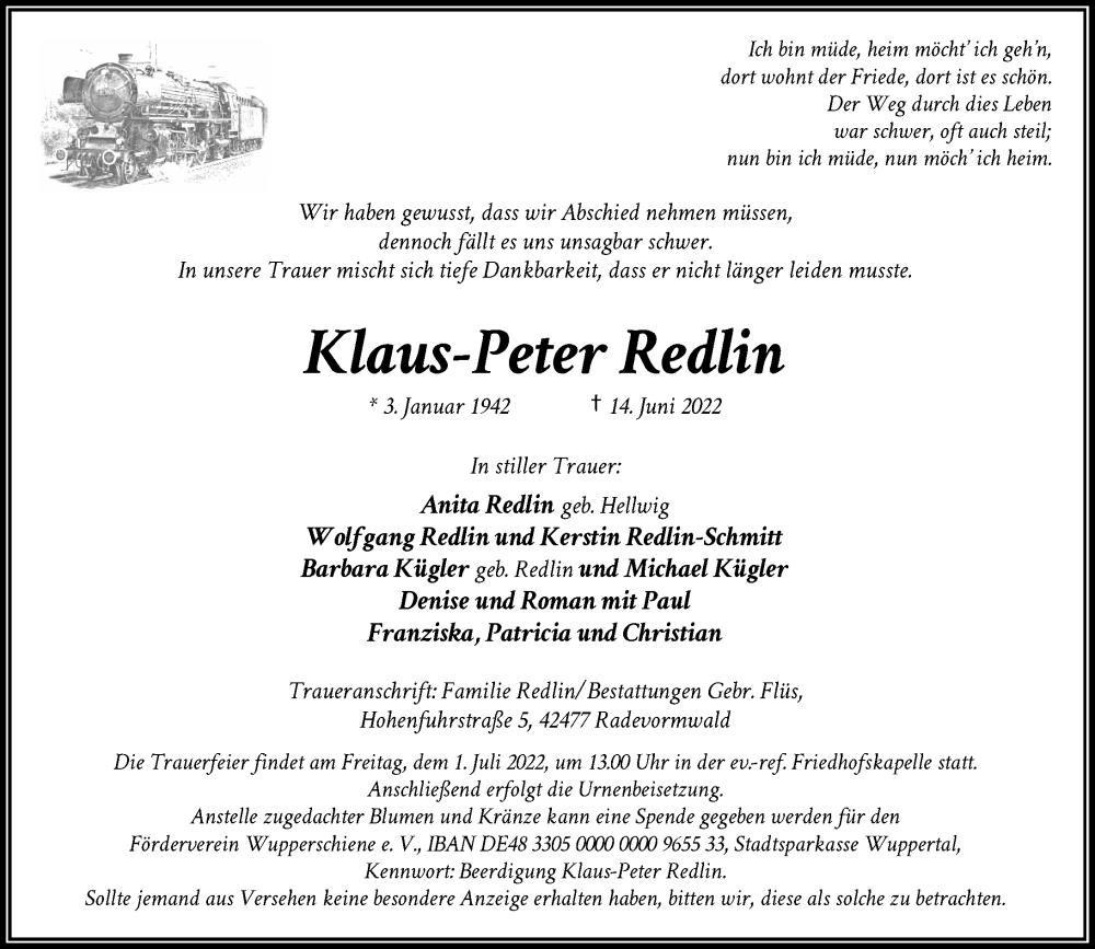  Traueranzeige für Klaus-Peter Redlin vom 21.06.2022 aus Rheinische Post