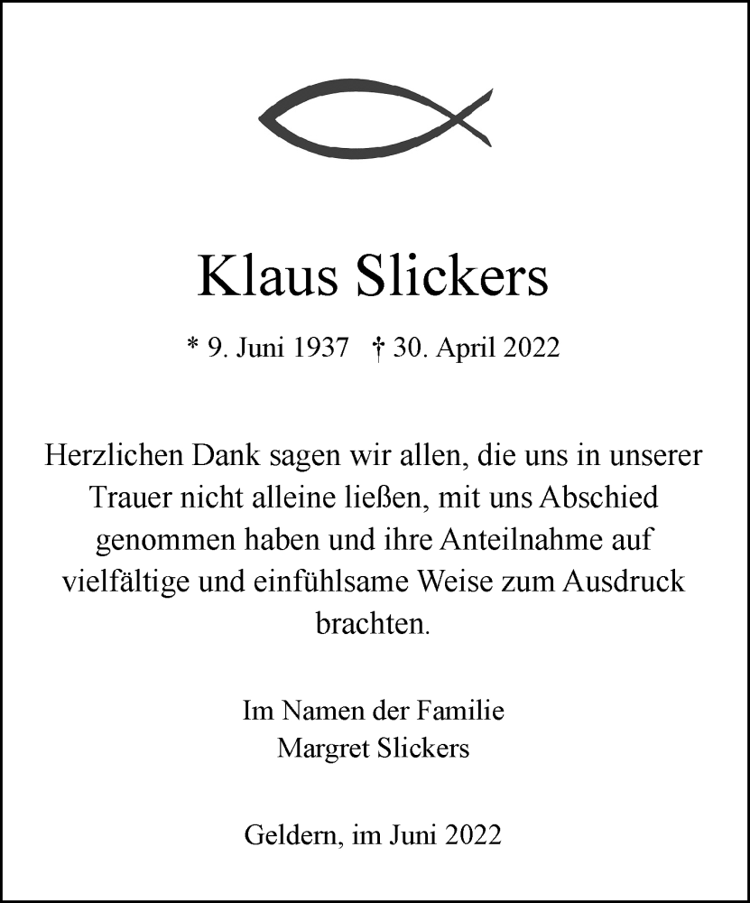  Traueranzeige für Klaus Slickers vom 15.06.2022 aus Rheinische Post