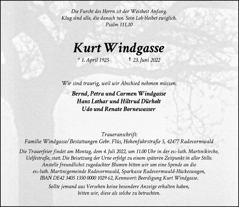  Traueranzeige für Kurt Windgasse vom 28.06.2022 aus Rheinische Post