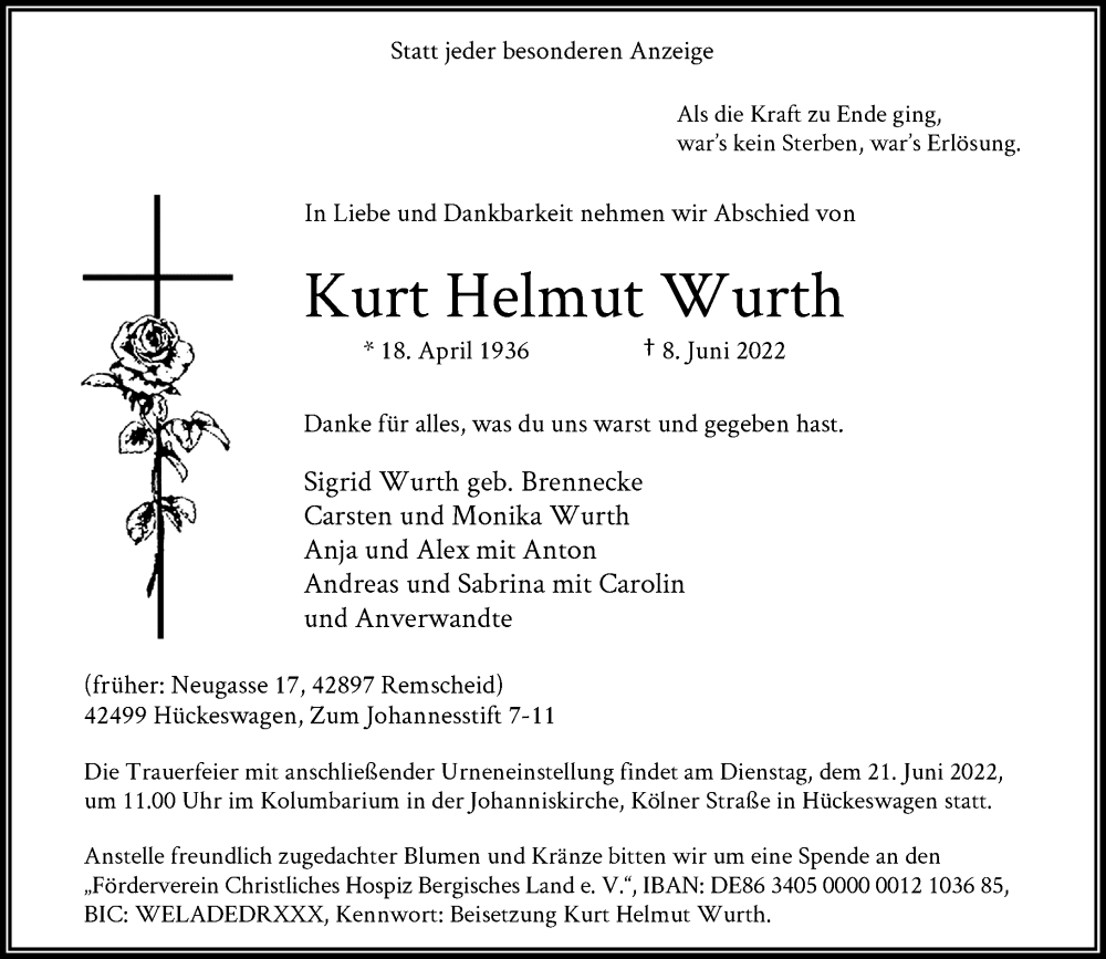  Traueranzeige für Kurt Helmut Wurth vom 18.06.2022 aus Rheinische Post