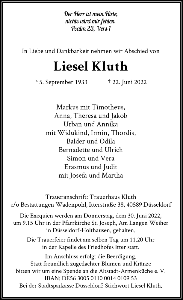  Traueranzeige für Liesel Kluth vom 25.06.2022 aus Rheinische Post