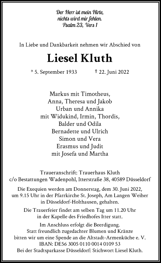 Traueranzeige von Liesel Kluth von Rheinische Post