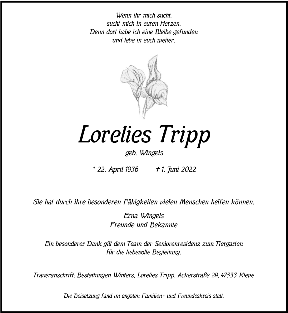  Traueranzeige für Lorelies Tripp vom 02.07.2022 aus Rheinische Post