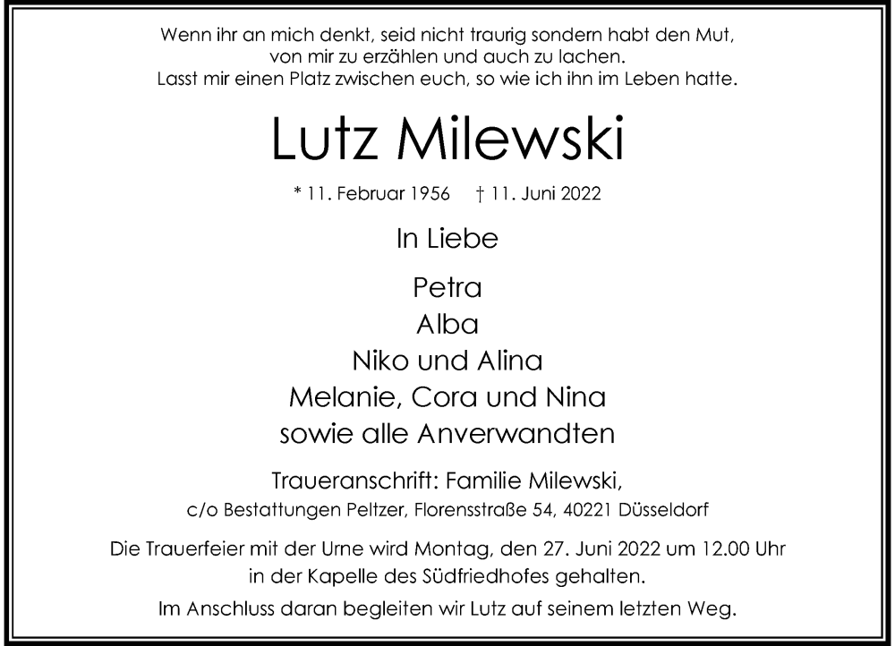  Traueranzeige für Lutz Milewski vom 25.06.2022 aus Rheinische Post