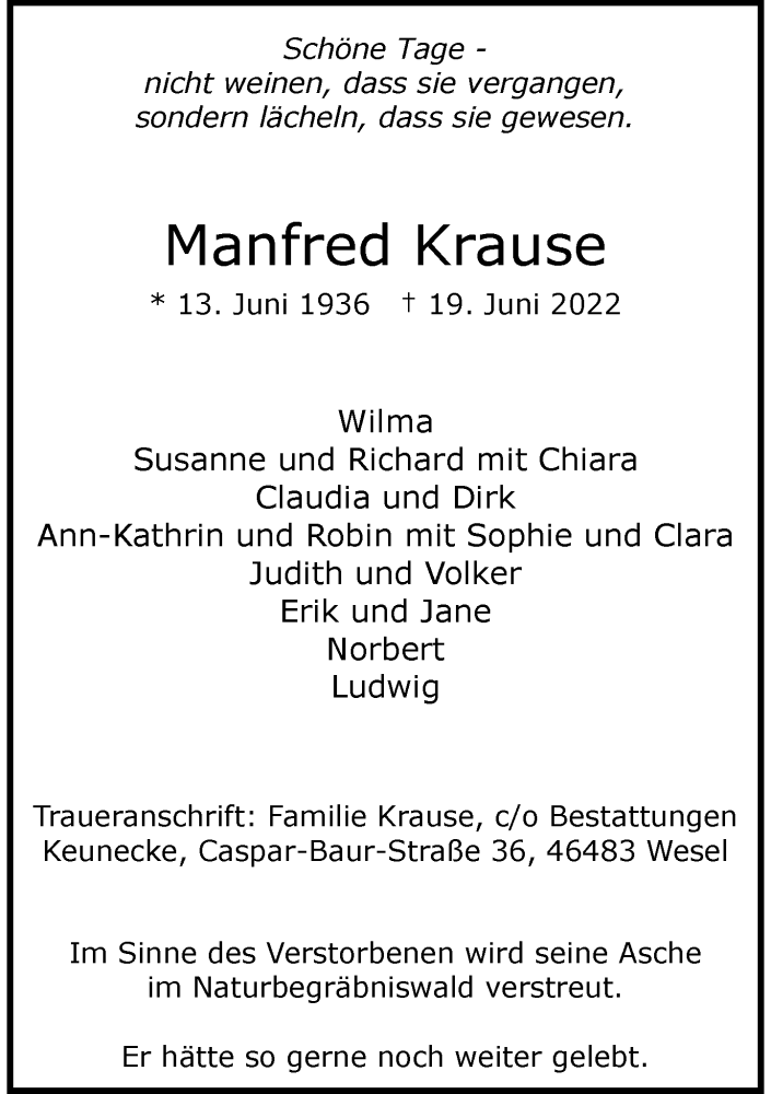  Traueranzeige für Manfred Krause vom 22.06.2022 aus Rheinische Post