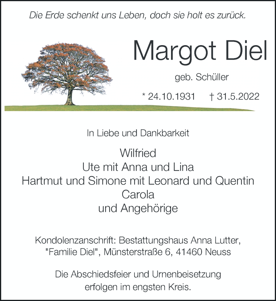  Traueranzeige für Margot Diel vom 11.06.2022 aus Rheinische Post