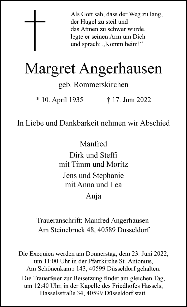  Traueranzeige für Margret Angerhausen vom 18.06.2022 aus Rheinische Post