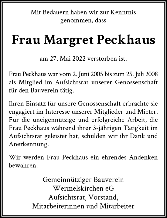 Traueranzeige von Margret Peckhaus von Rheinische Post