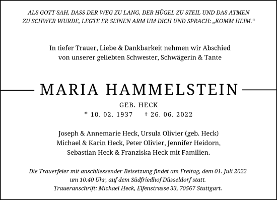 Traueranzeige von Maria Hammelstein von Rheinische Post