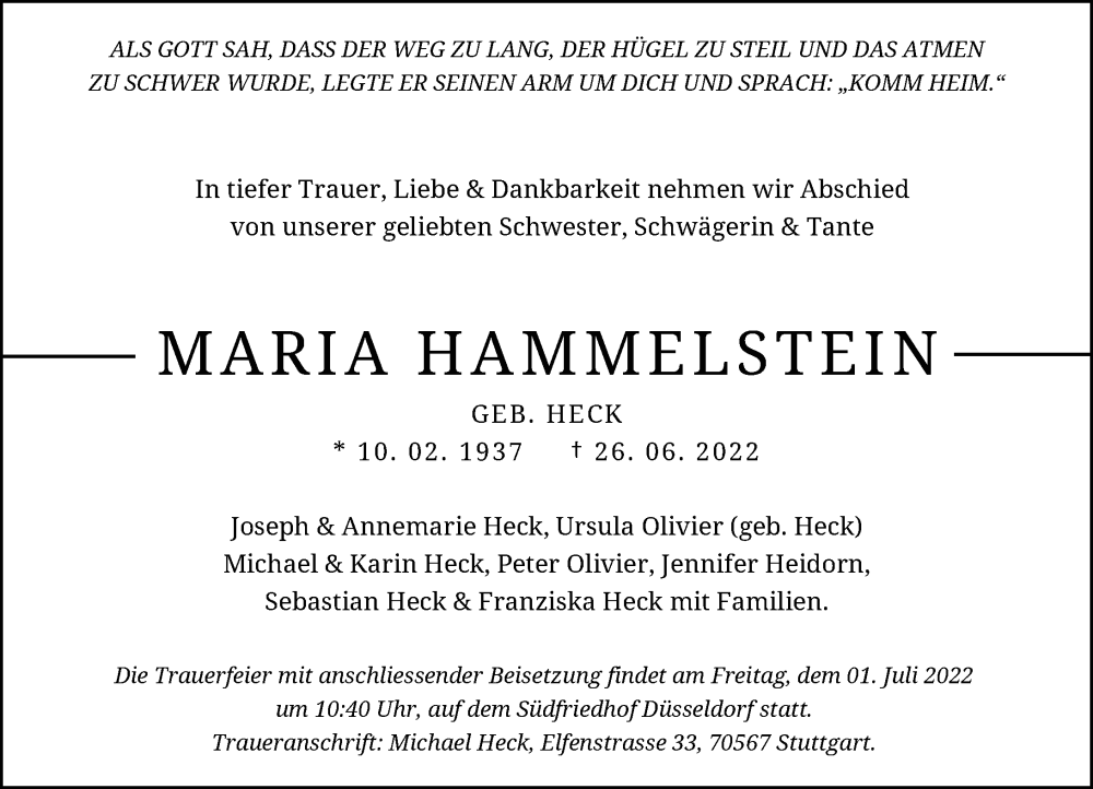  Traueranzeige für Maria Hammelstein vom 29.06.2022 aus Rheinische Post