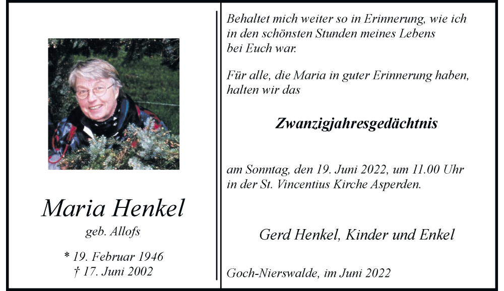  Traueranzeige für Maria Henkel vom 18.06.2022 aus Rheinische Post