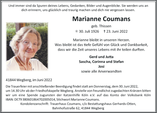 Traueranzeige von Marianne Coumans von Rheinische Post